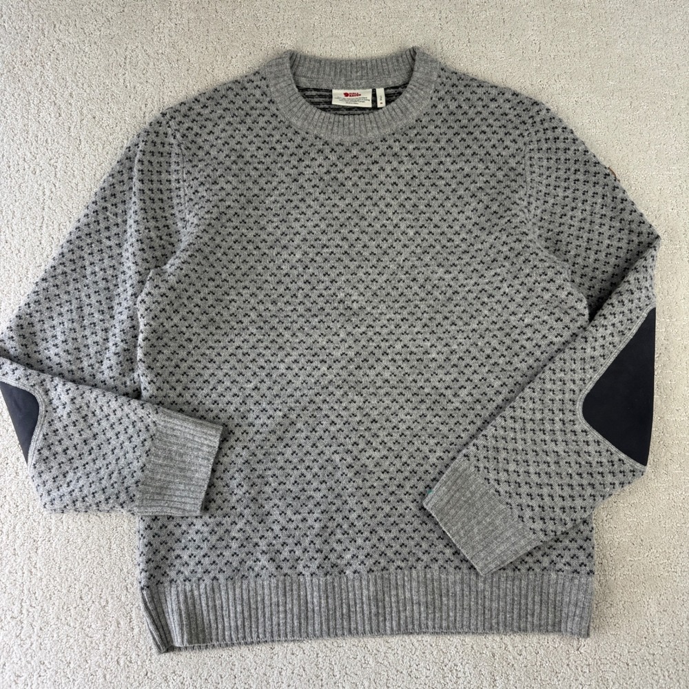 Fjallraven Ovik Nordic Sweater Men M Grey Wool Jacquard Elbow Patches 82020